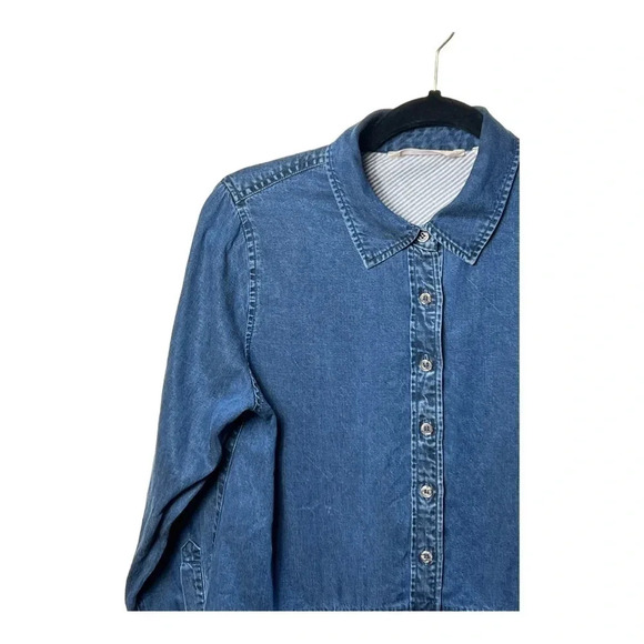 1252. SOFT SURROUNDINGS DENIM BUTTON UP TOP ROUND BOTTOM POCKETS SIZE SMALL BLUE - Picture 3 of 10